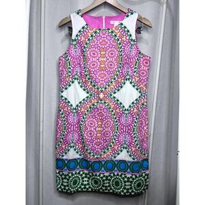 London Times Pink Green Floral Mosaic Preppy Tank Shift‎ Cotton Dress